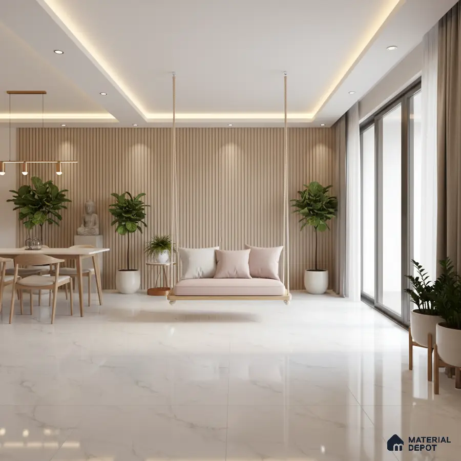 Scandinavian living room with beige fluted wall panels and white marble floor tiles in Bengaluru