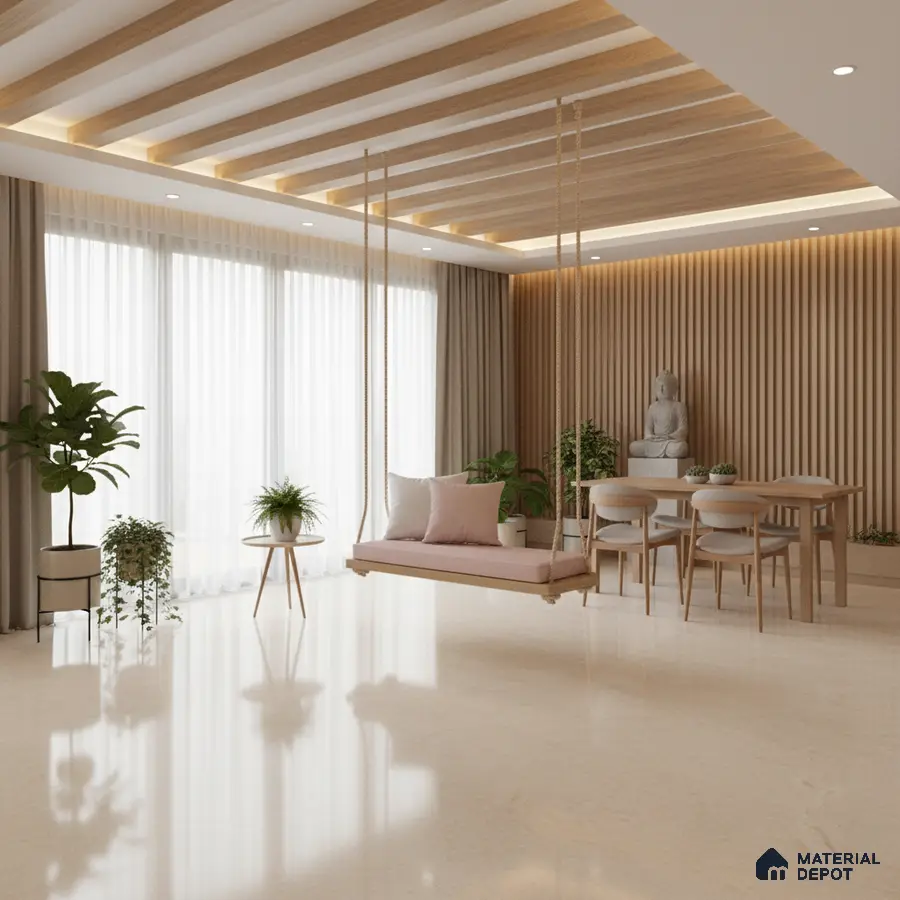 Scandinavian living room with beige marble floor, light oak fluted wall panels, and wooden ceiling beams in Bengaluru