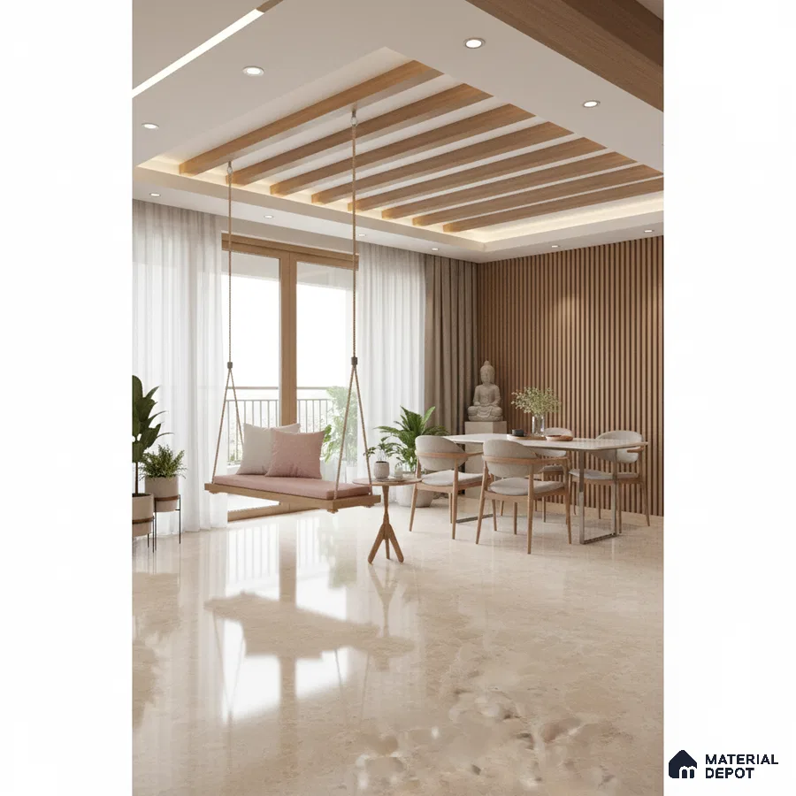 Scandinavian living room with beige marble floor, oak wood louvers, and suspended swing in Bengaluru