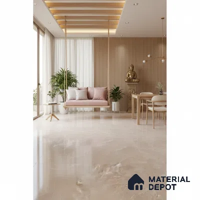 Scandinavian living room with beige marble floor tile, light wood fluted wall panels, and pastel swing seating in Bengaluru