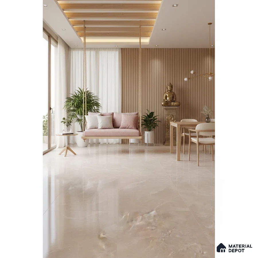 Scandinavian living room with beige marble floor tile, light wood fluted wall panels, and pastel swing seating in Bengaluru
