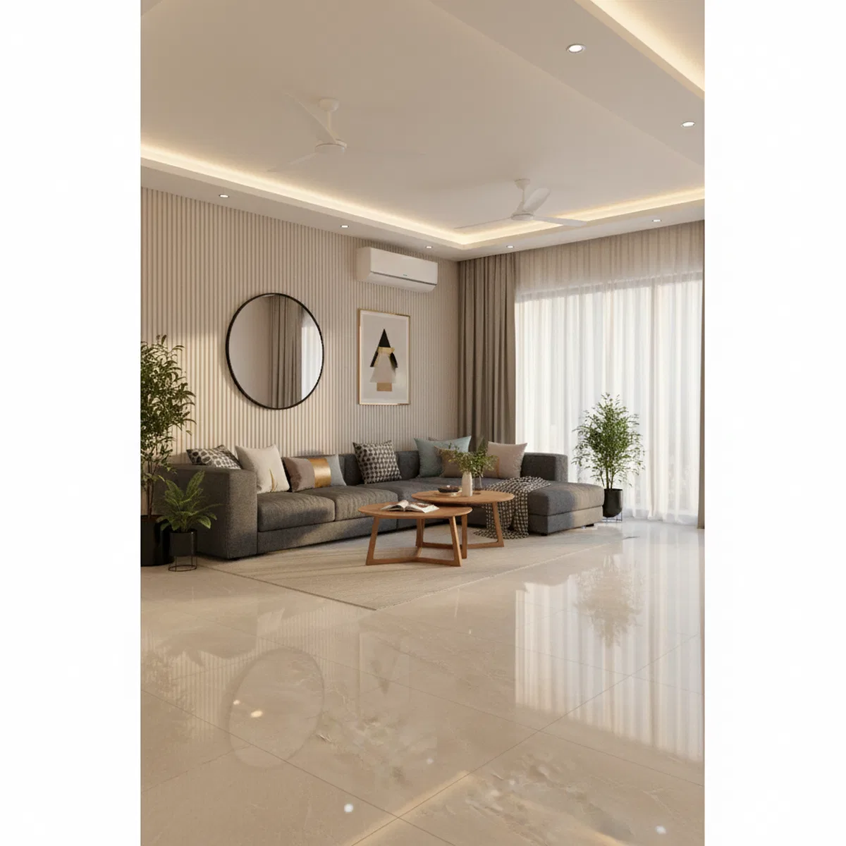 Scandinavian living room with beige marble floor tiles and fluted wall ...