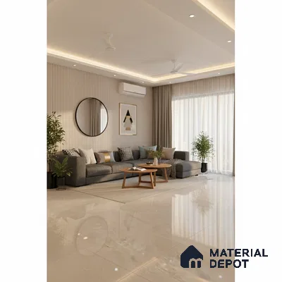 Scandinavian living room with beige marble floor tiles and fluted wall panels in Bengaluru