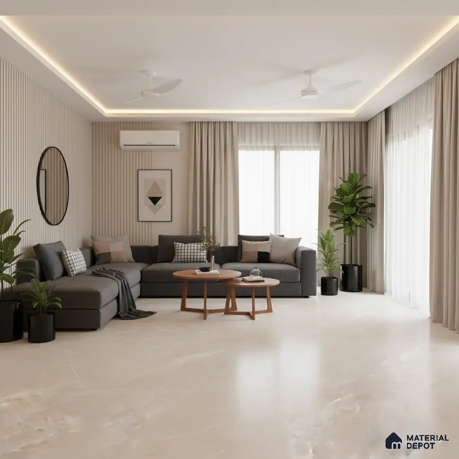 Scandinavian living room with beige marble floor tiles and fluted wall panels in Bengaluru