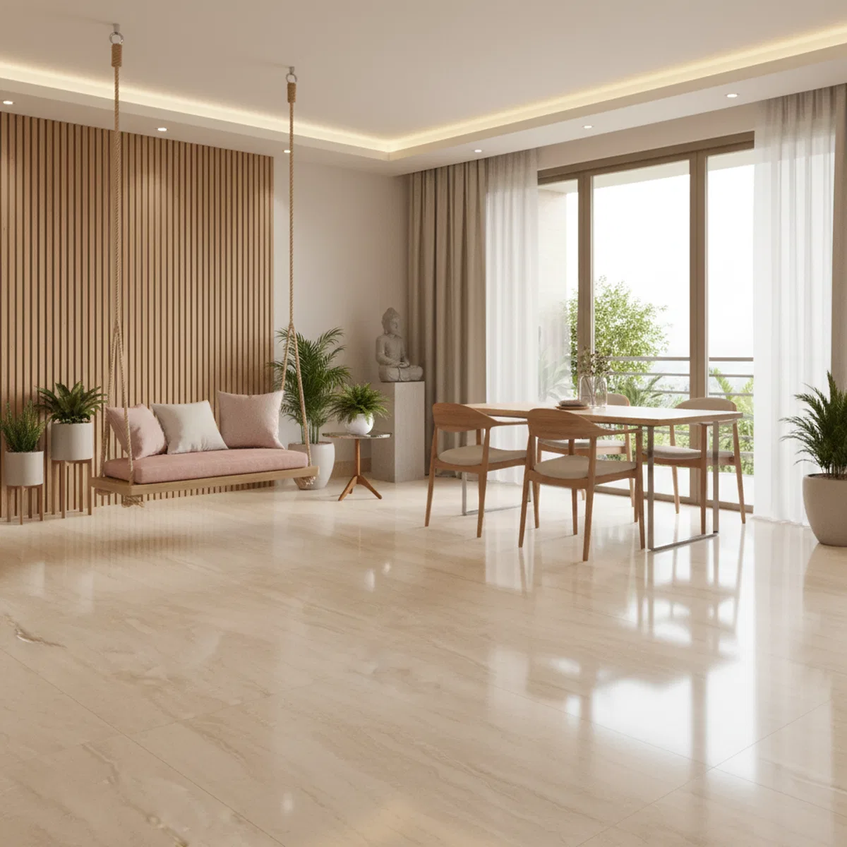 Scandinavian living room with beige marble floor tiles and light oak ...