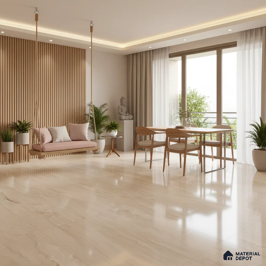 Scandinavian living room with beige marble floor tiles and light oak fluted wall panels in Bengaluru