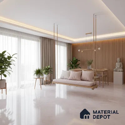 Scandinavian living room with beige marble floor tiles and natural wood fluted wall panels in Bengaluru