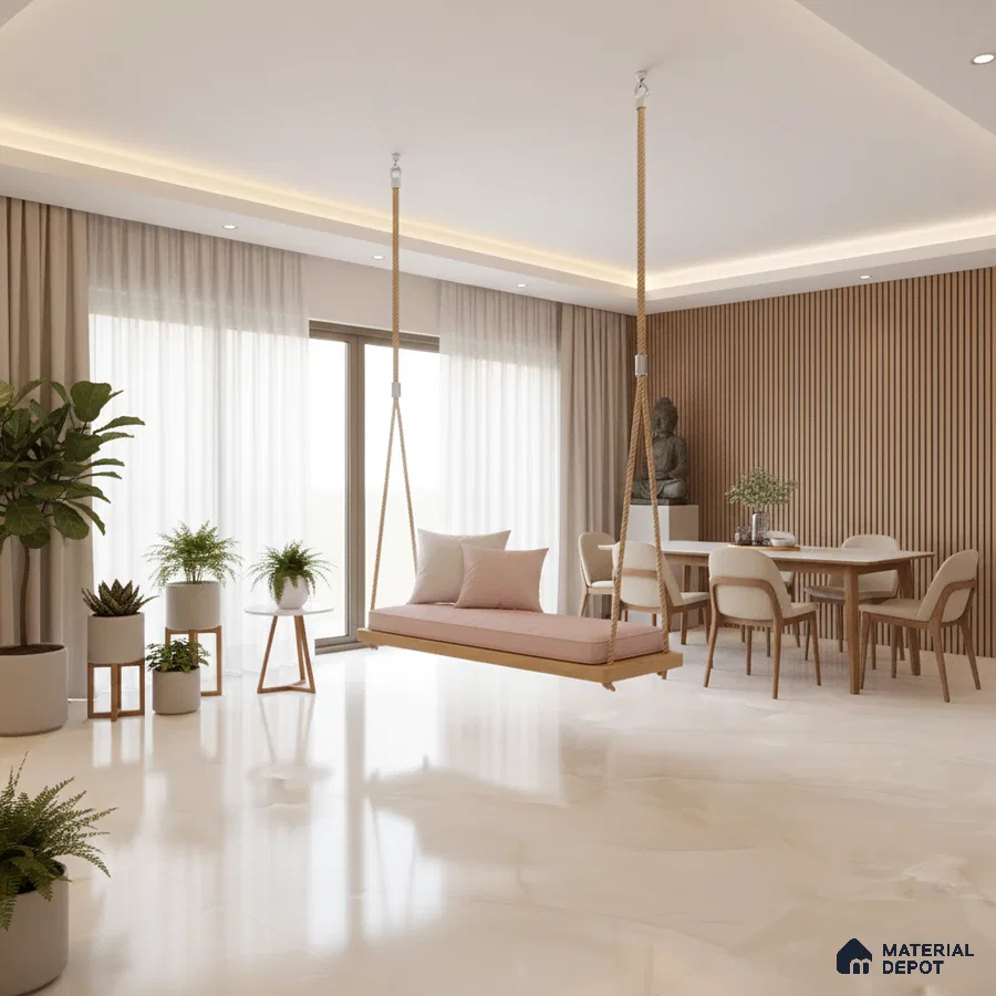Scandinavian living room with beige marble floor tiles and oak wood fluted wall panels in Bengaluru