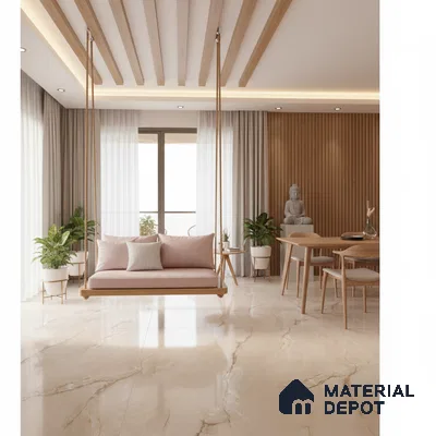 Scandinavian living room with beige marble floor tiles, light wood louvers, and pastel swing seating in Bengaluru
