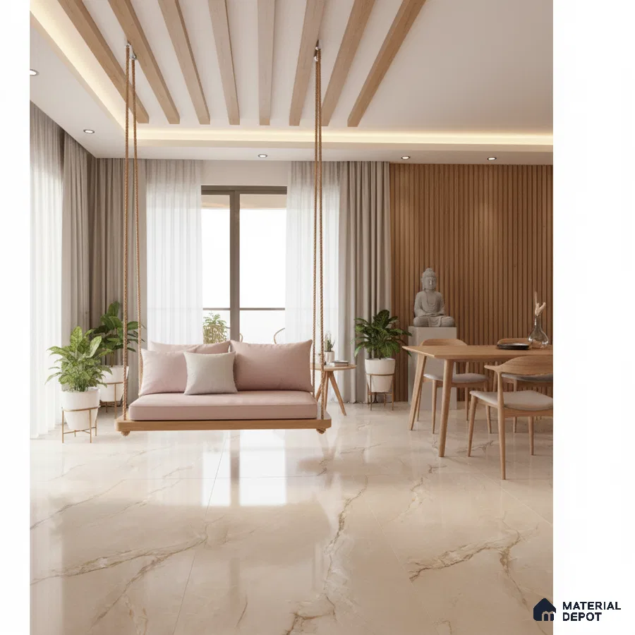 Scandinavian living room with beige marble floor tiles, light wood louvers, and pastel swing seating in Bengaluru