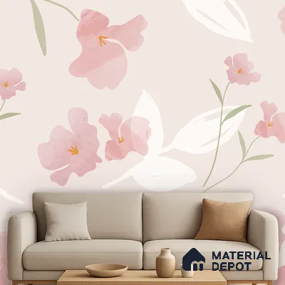 Scandinavian living room with beige sofa and pastel pink floral wallpaper in Bengaluru