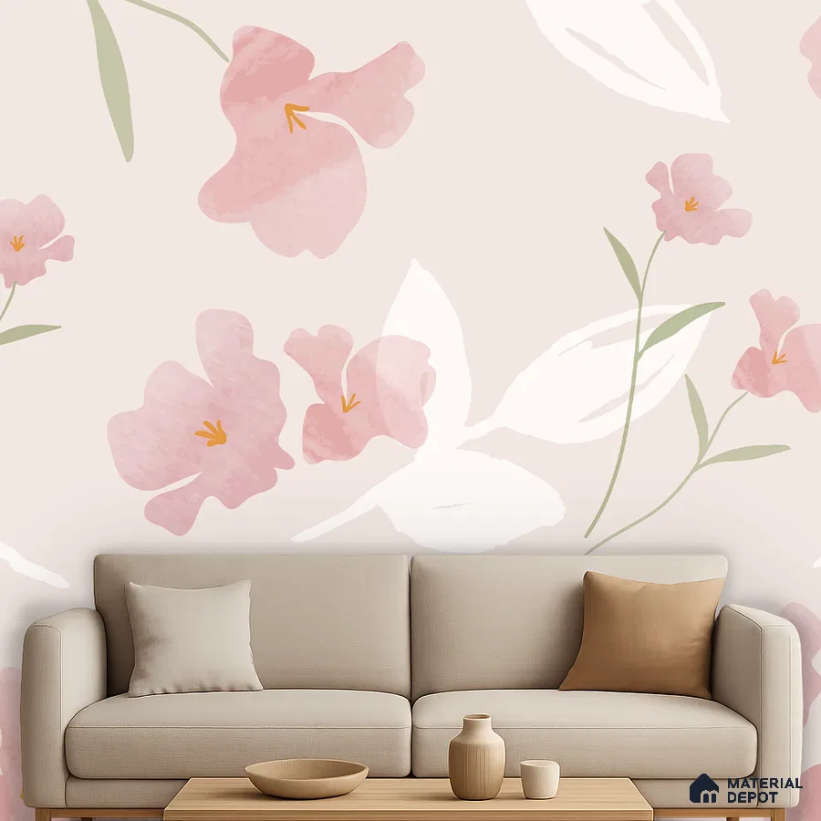 Scandinavian living room with beige sofa and pastel pink floral wallpaper in Bengaluru