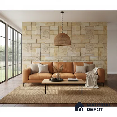 Scandinavian living room with beige stone cladding accent wall and tan leather sofa in Bengaluru