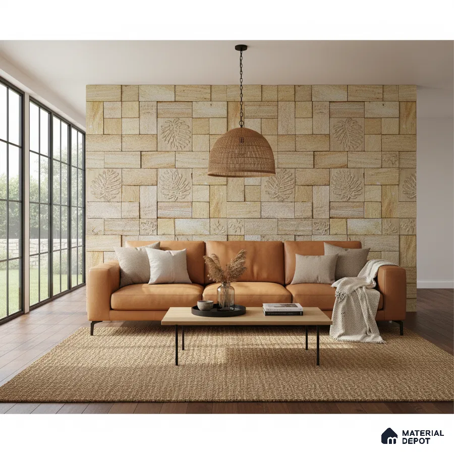 Scandinavian living room with beige stone cladding accent wall and tan leather sofa in Bengaluru