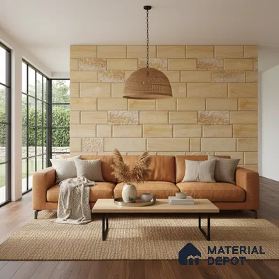 Scandinavian living room with beige stone cladding accent wall and tan leather sofa in Bengaluru