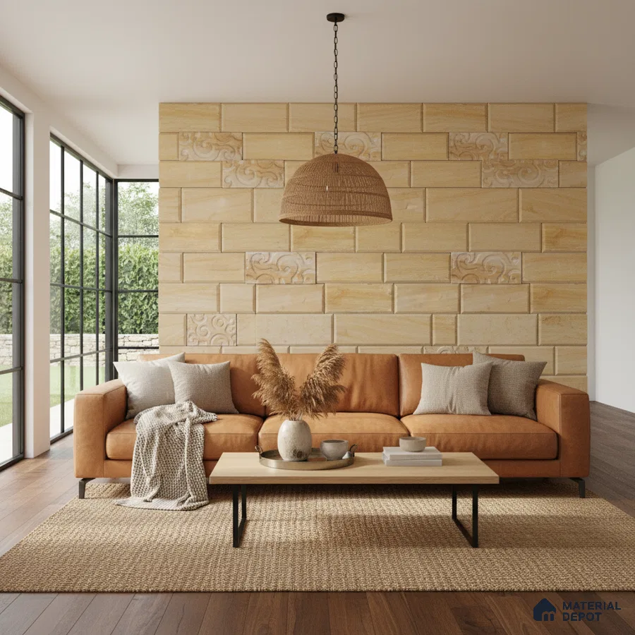 Scandinavian living room with beige stone cladding accent wall and tan leather sofa in Bengaluru