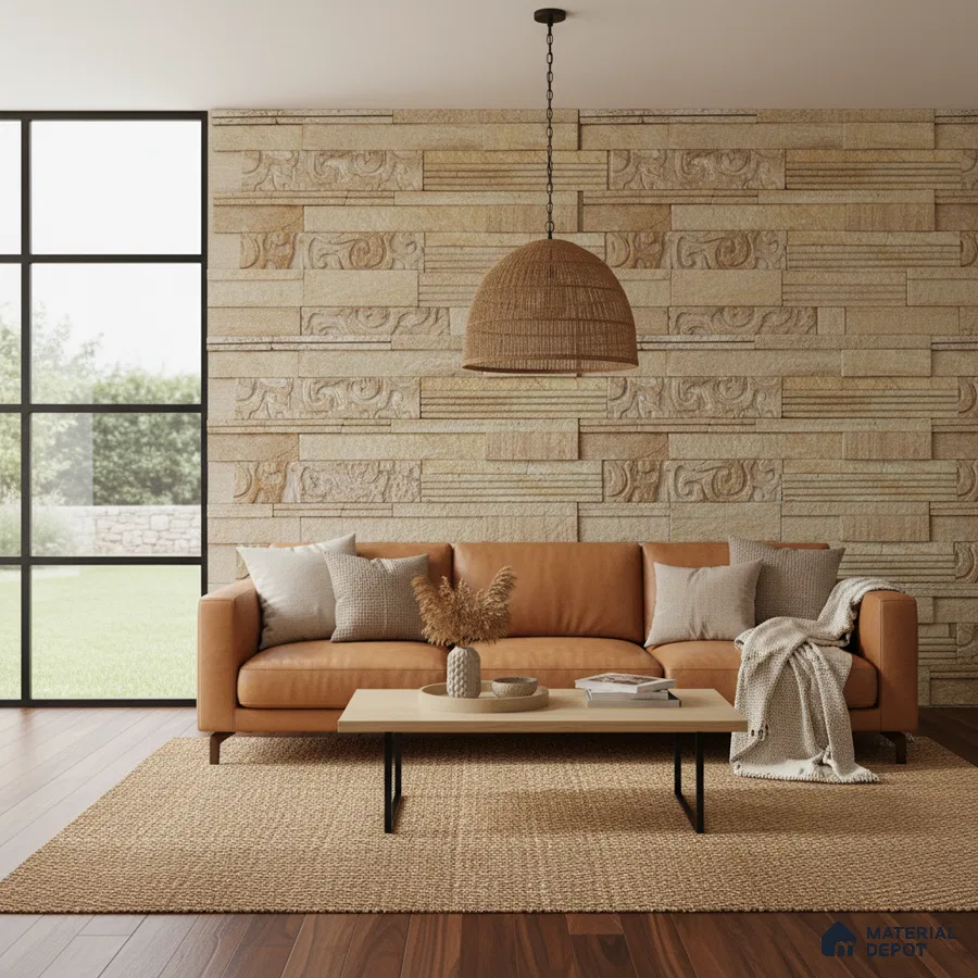 Scandinavian living room with beige stone cladding wall and tan leather sofa in Bengaluru
