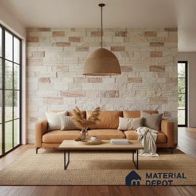 Scandinavian living room with beige stone cladding wall and tan leather sofa in Bengaluru