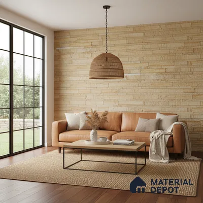 Scandinavian living room with beige stone cladding wall and tan leather sofa in Bengaluru