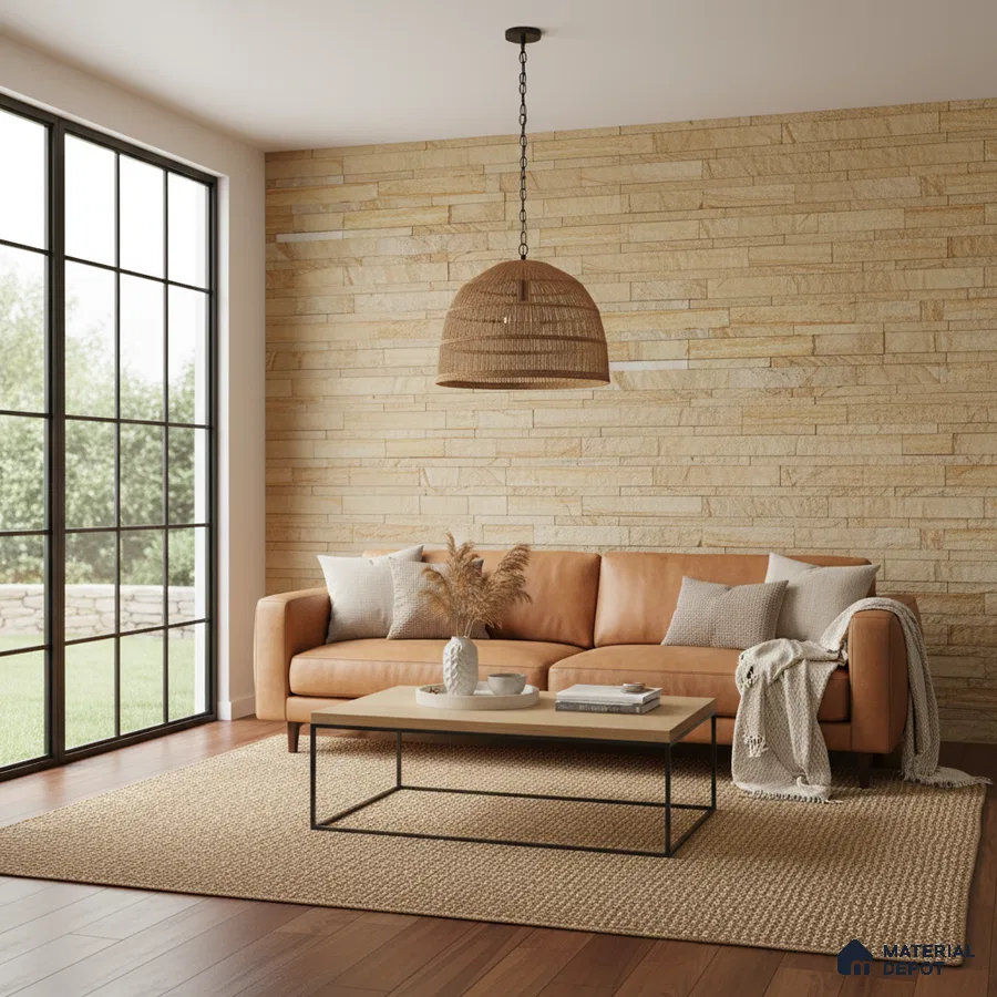 Scandinavian living room with beige stone cladding wall and tan leather sofa in Bengaluru