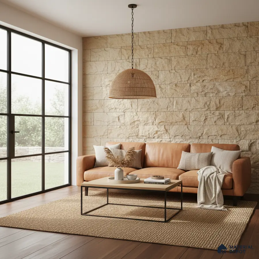 Scandinavian living room with beige stone cladding wall and tan leather sofa in Bengaluru