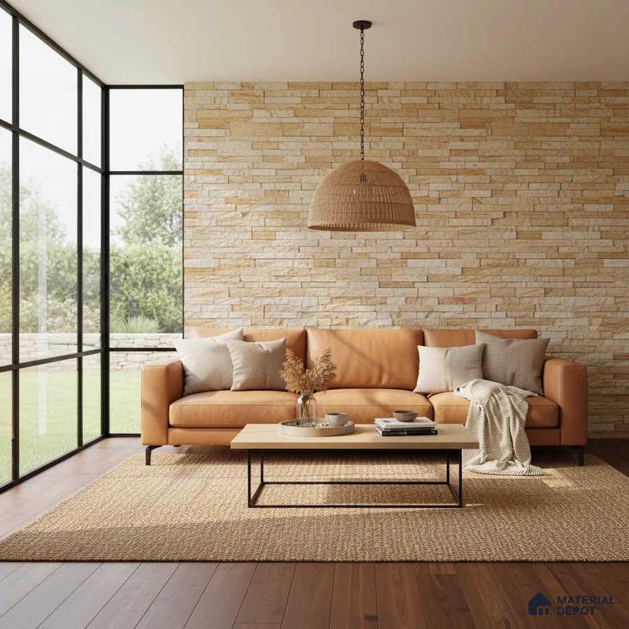 Scandinavian living room with beige stone cladding wall and walnut brown wooden flooring in Bengaluru
