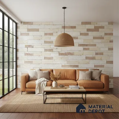 Scandinavian living room with beige stone cladding wall, tan leather sofa, and natural jute rug in Bengaluru