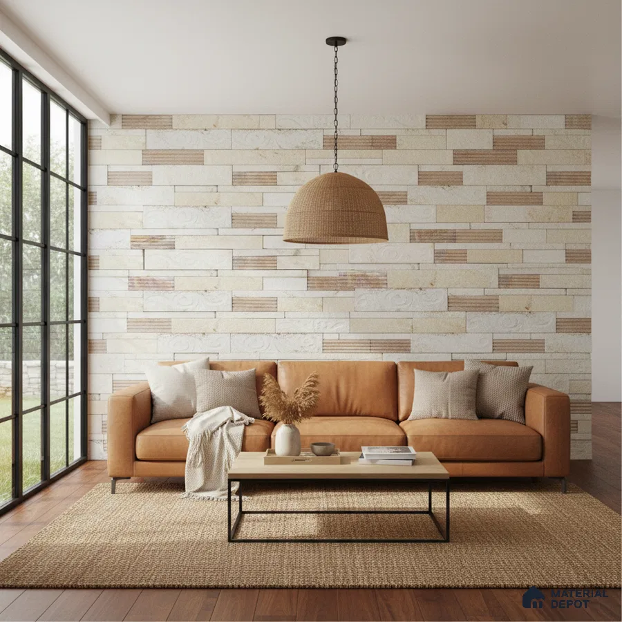 Scandinavian living room with beige stone cladding wall, tan leather sofa, and natural jute rug in Bengaluru