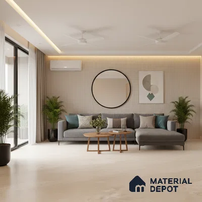 Scandinavian living room with beige wooden flooring and fluted wall panels in Bengaluru