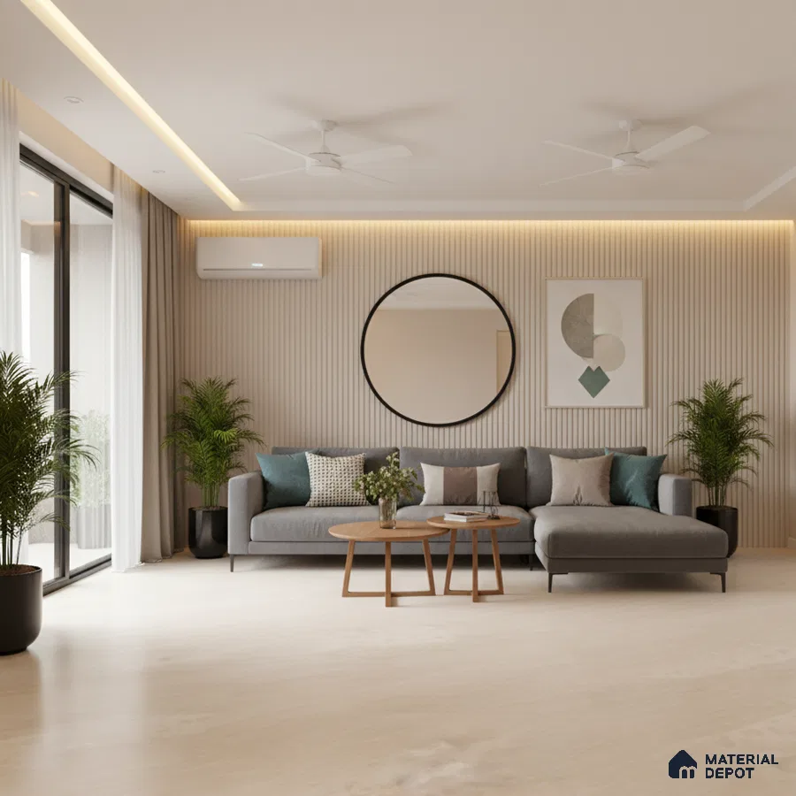 Scandinavian living room with beige wooden flooring and fluted wall panels in Bengaluru