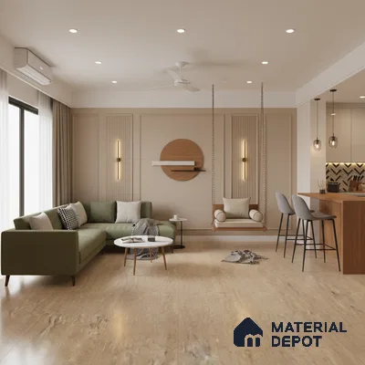 Scandinavian living room with beige wood-look floor tile, olive green sofa, and fluted wall panels in Bengaluru