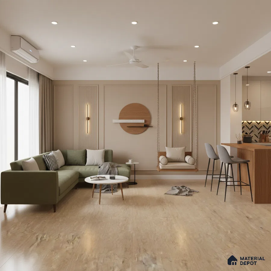 Scandinavian living room with beige wood-look floor tile, olive green sofa, and fluted wall panels in Bengaluru