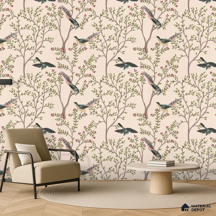 Scandinavian living room with bird and tree patterned wallpaper and light wood chevron flooring in Bengaluru