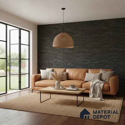 Scandinavian living room with black stacked stone accent wall and tan leather sofa in Bengaluru