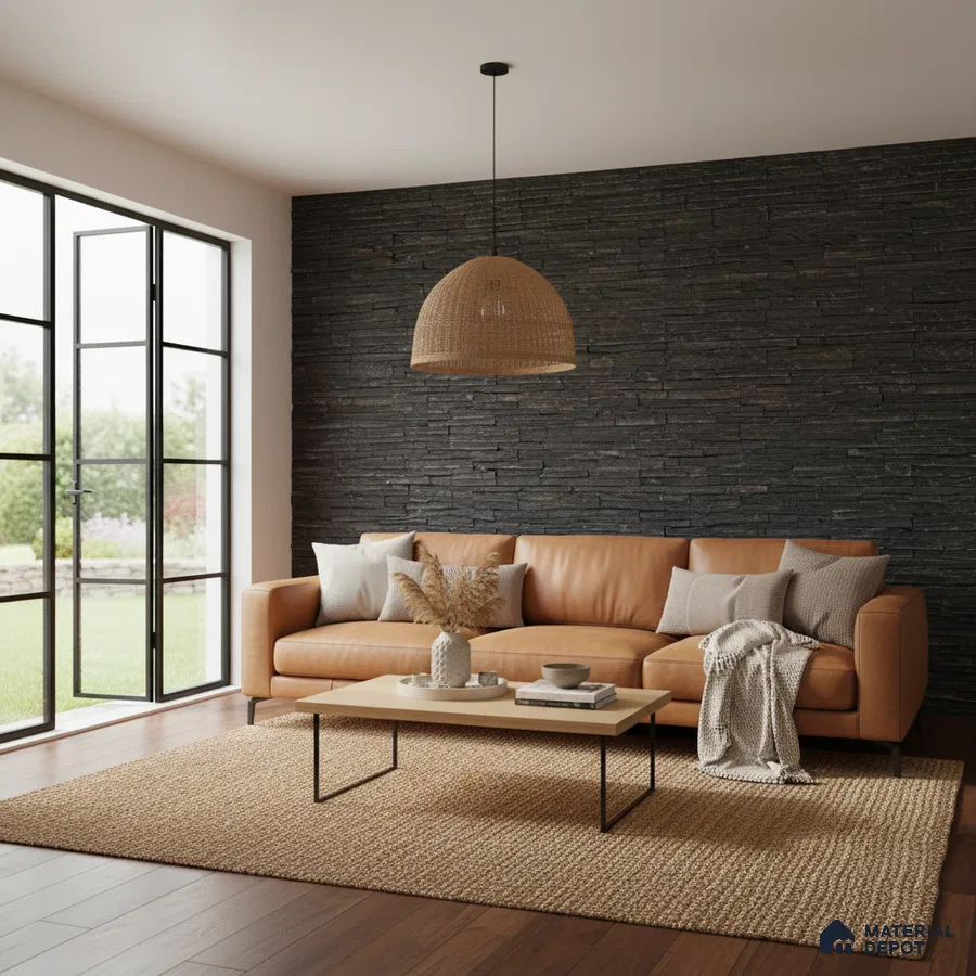 Scandinavian living room with black stacked stone accent wall and tan leather sofa in Bengaluru