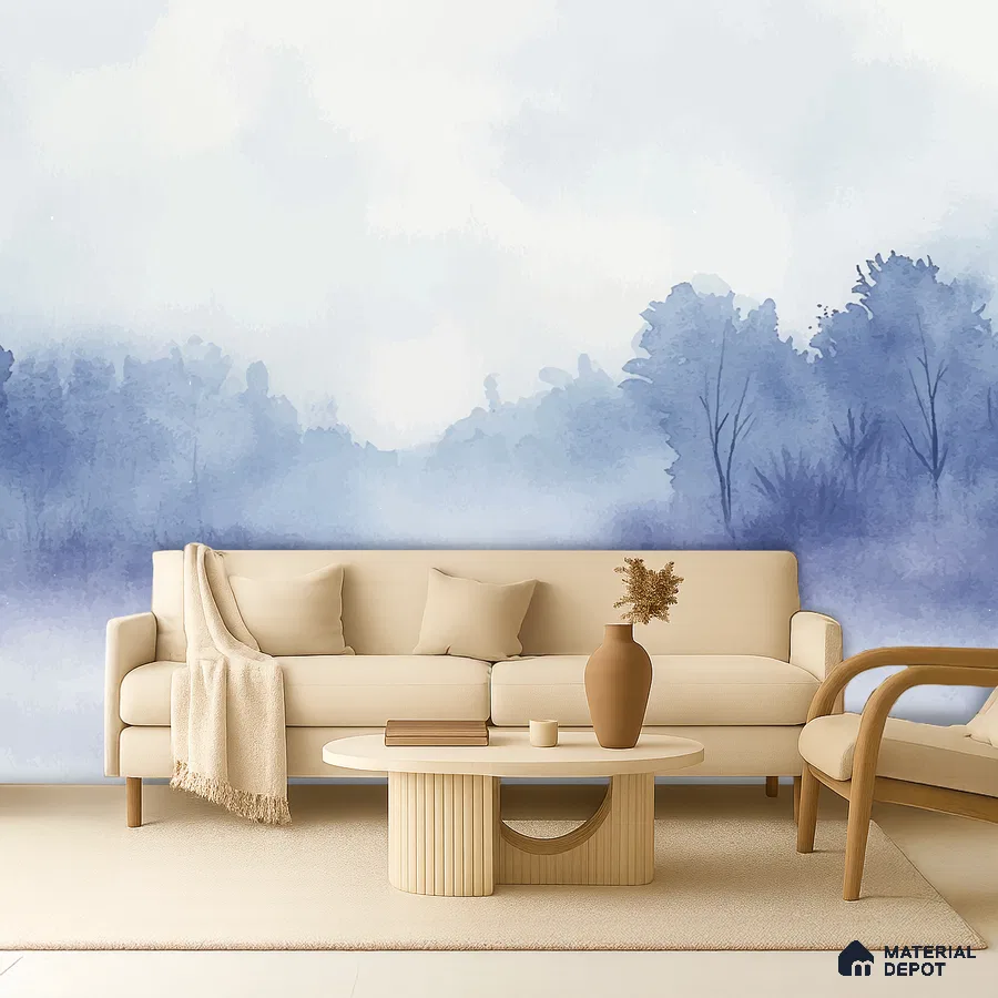 Scandinavian living room with blue nature wallpaper and beige upholstery in Bengaluru