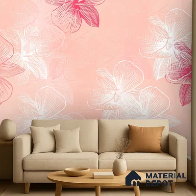 Scandinavian living room with blush pink floral wallpaper and beige fabric sofa in Bengaluru