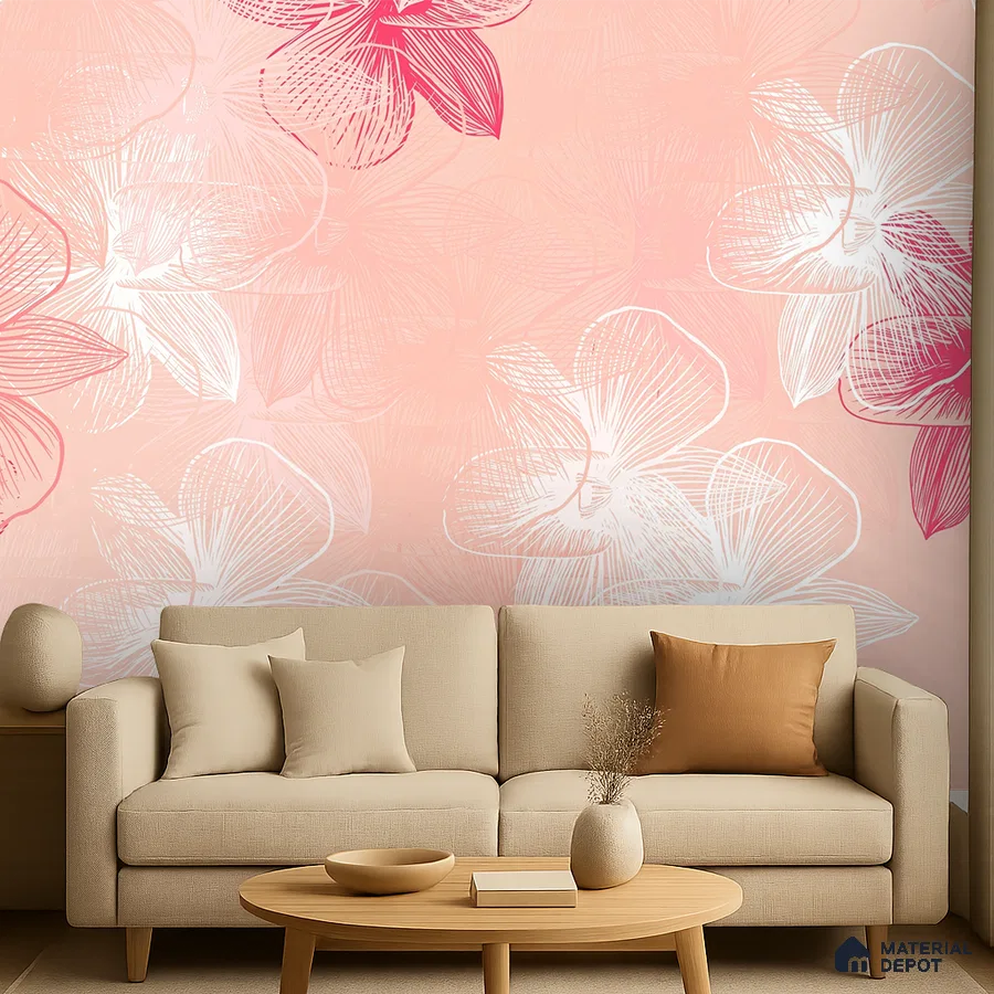 Scandinavian living room with blush pink floral wallpaper and beige fabric sofa in Bengaluru