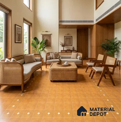 Scandinavian living room with cane furniture, warm terracotta patterned floor tiles, and wood wall paneling