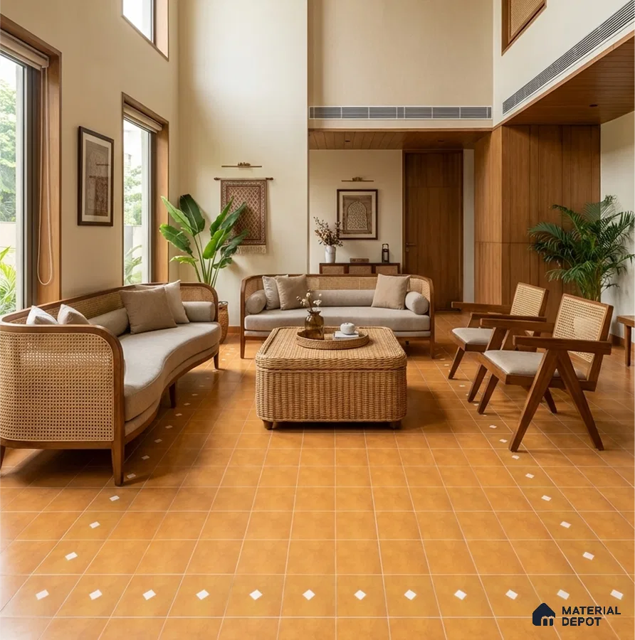Scandinavian living room with cane furniture, warm terracotta patterned floor tiles, and wood wall paneling