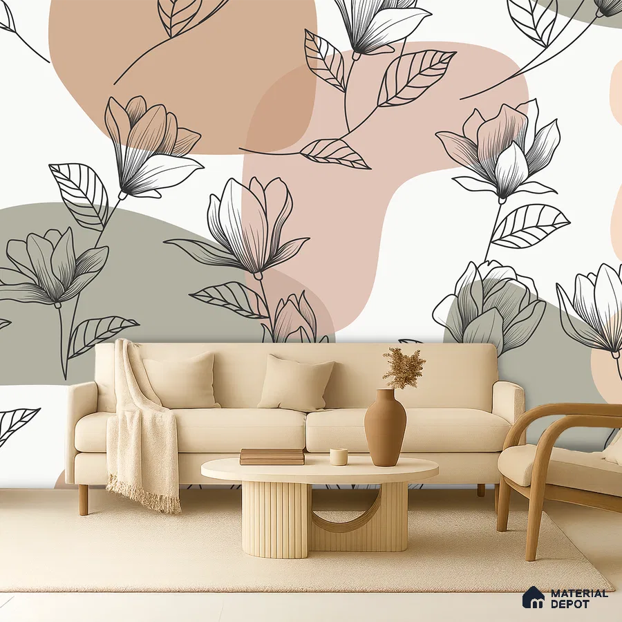 Scandinavian living room with floral patterned wallpaper and beige upholstery in Bengaluru