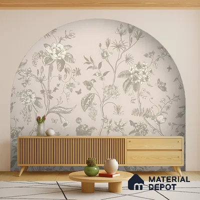Scandinavian living room with floral wallpaper accent and light oak fluted console in Bengaluru