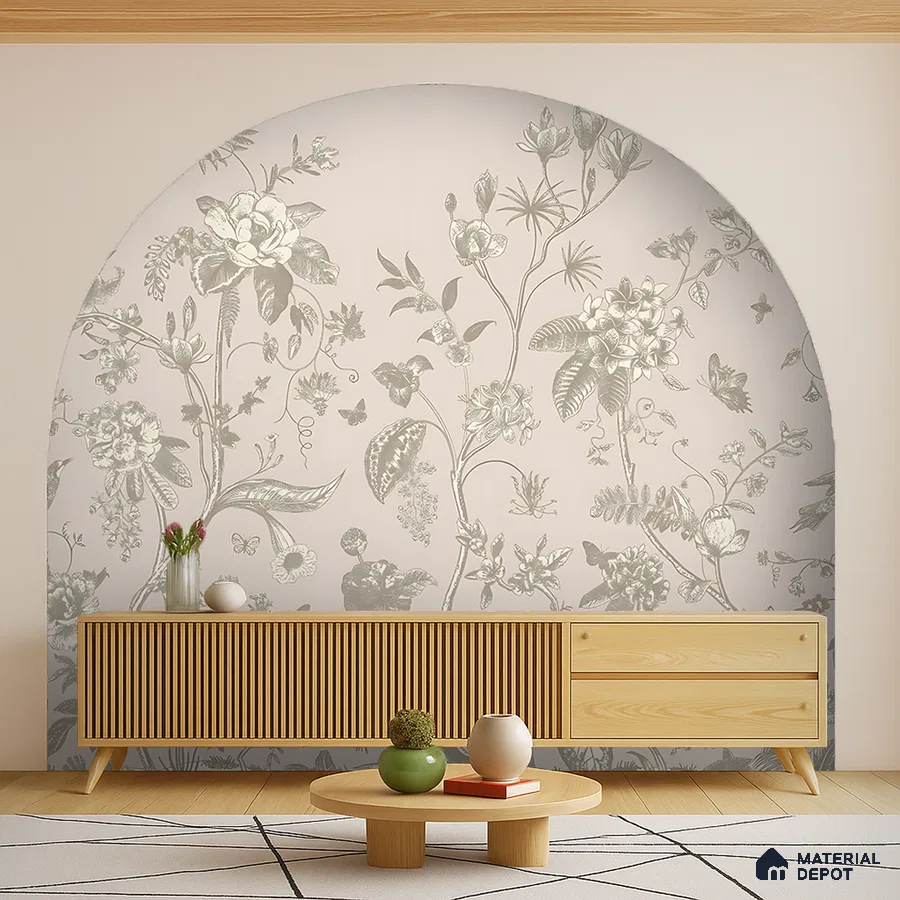 Scandinavian living room with floral wallpaper accent and light oak fluted console in Bengaluru