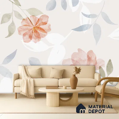 Scandinavian living room with floral wallpaper and beige fabric sofa in Bengaluru