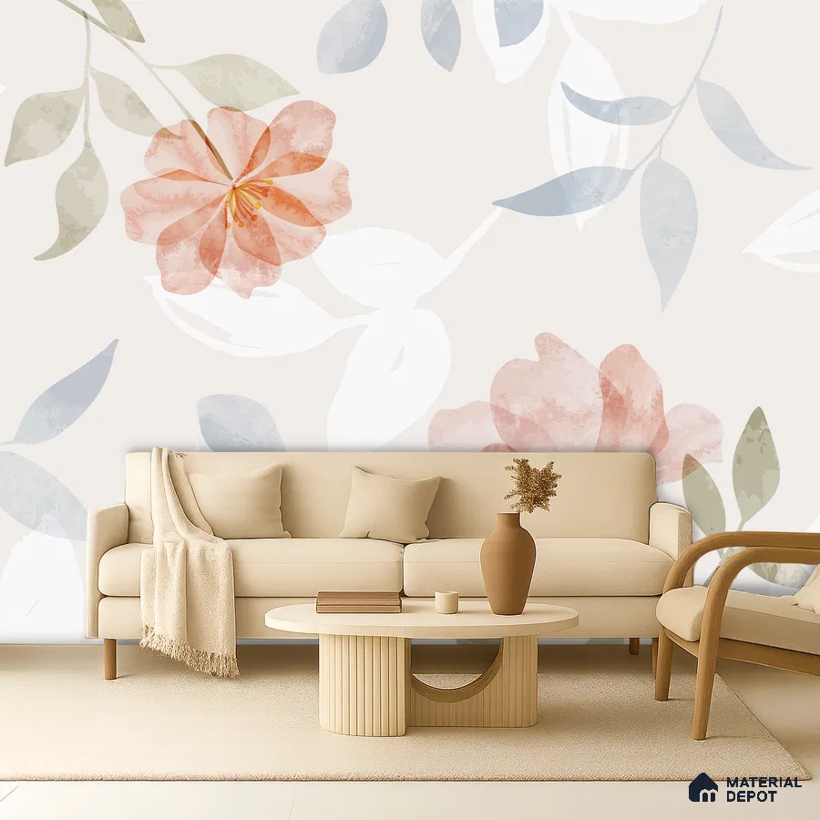 Scandinavian living room with floral wallpaper and beige fabric sofa in Bengaluru