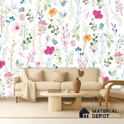 Scandinavian living room with floral wallpaper and beige upholstery in Bengaluru