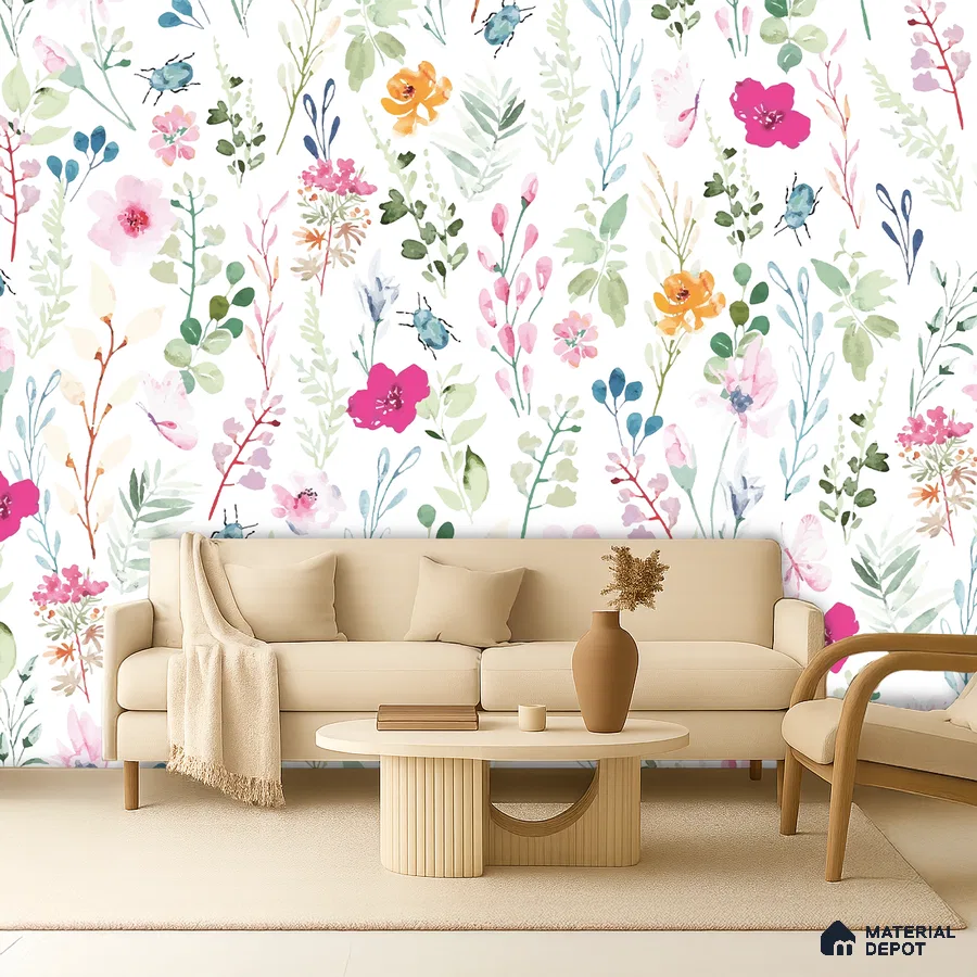 Scandinavian living room with floral wallpaper and beige upholstery in Bengaluru