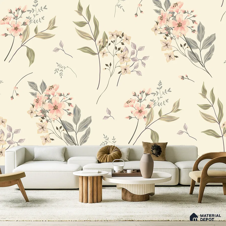 Scandinavian living room with floral wallpaper, light wood tables, and cream upholstery in Bengaluru