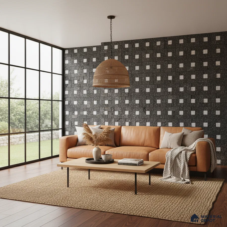 Scandinavian living room with geometric black-and-white wall panels and tan leather sofa in Bengaluru