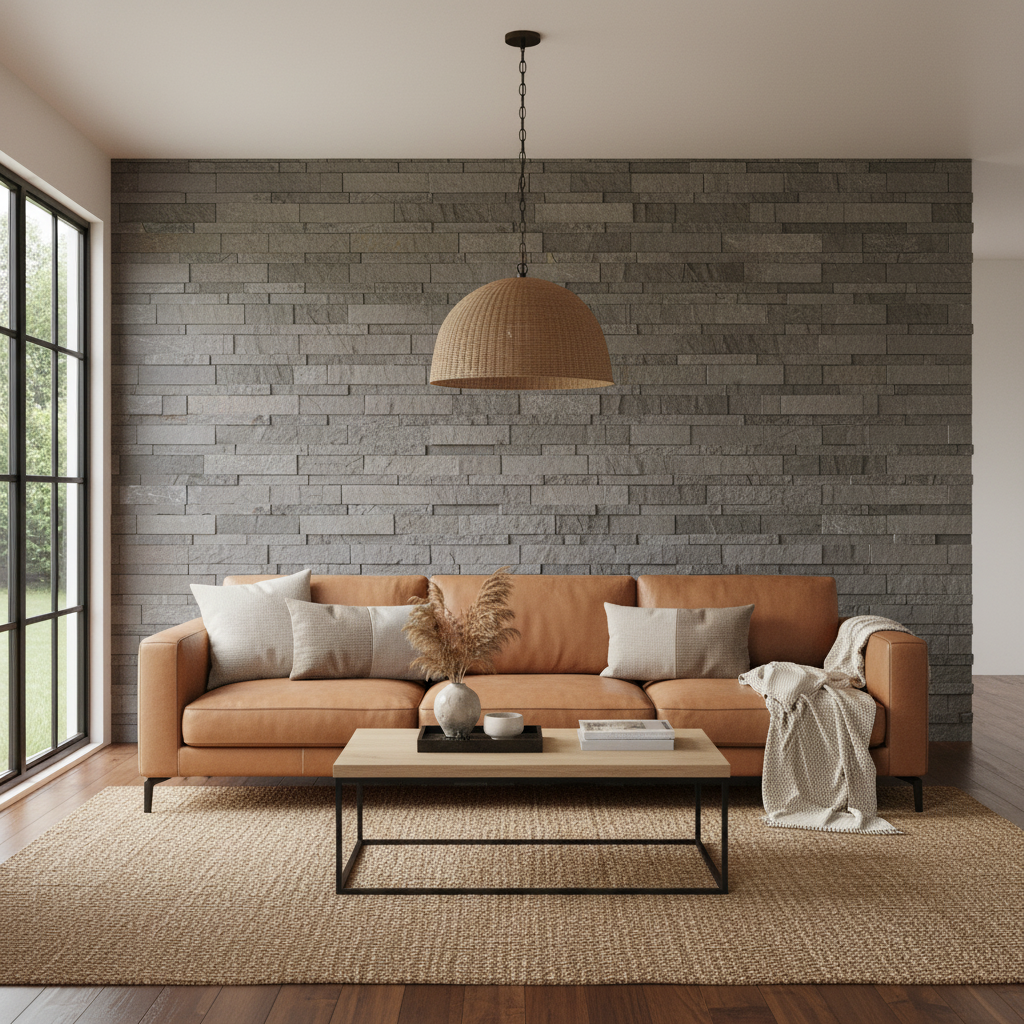Scandinavian living room with grey stone cladding wall and tan leather sofa in Bengaluru